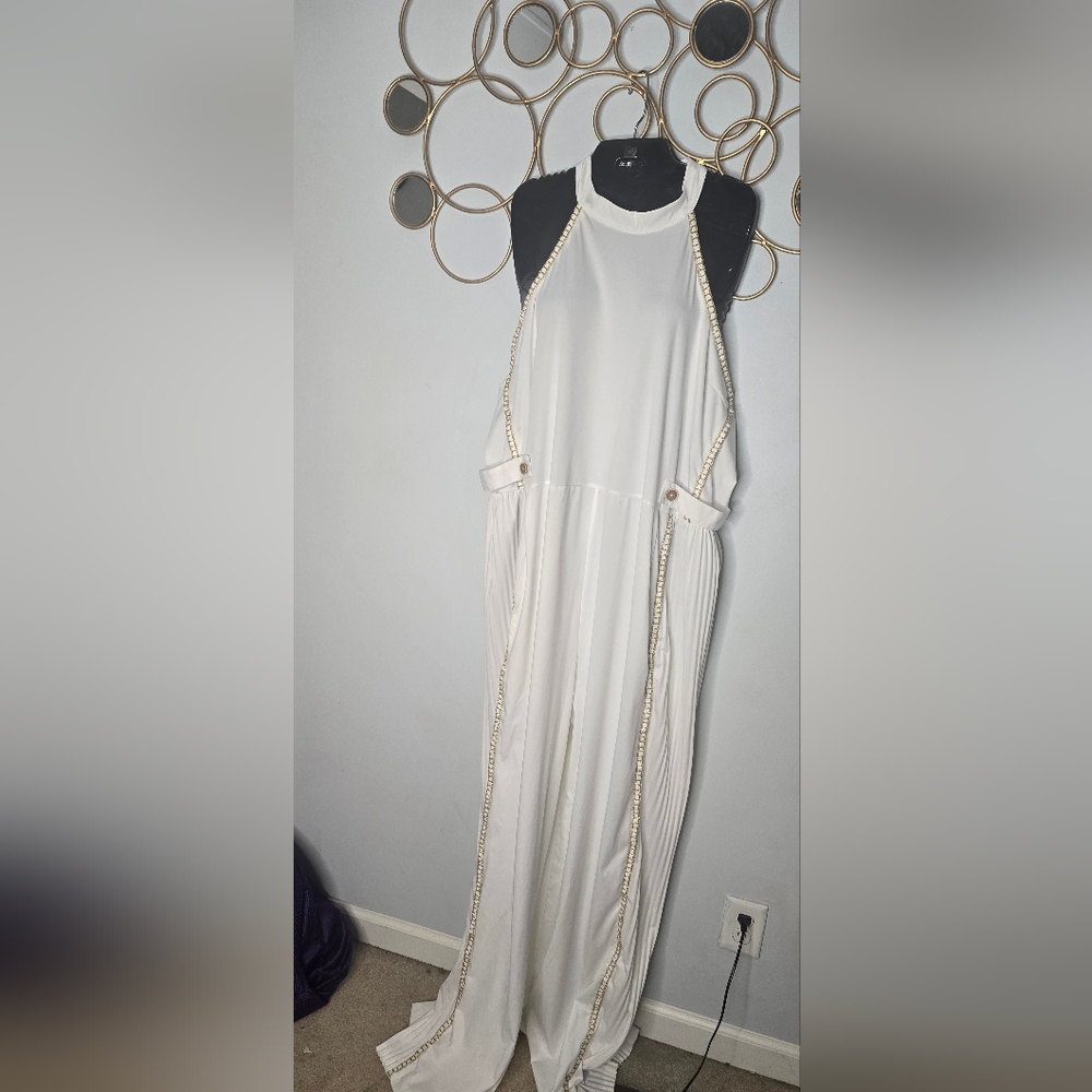 Elegant White Jumpsuit with Beaded Trim
